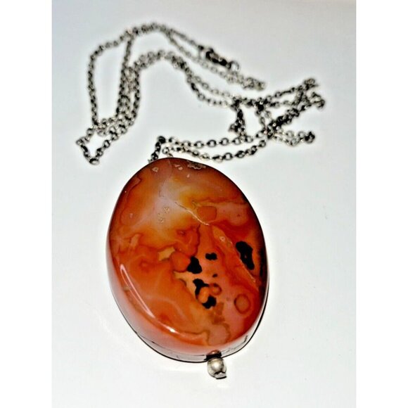 HM Silver Caramel Brown Black Oval Agate Stone Leaf Overlay Statement Necklace - Picture 6 of 8